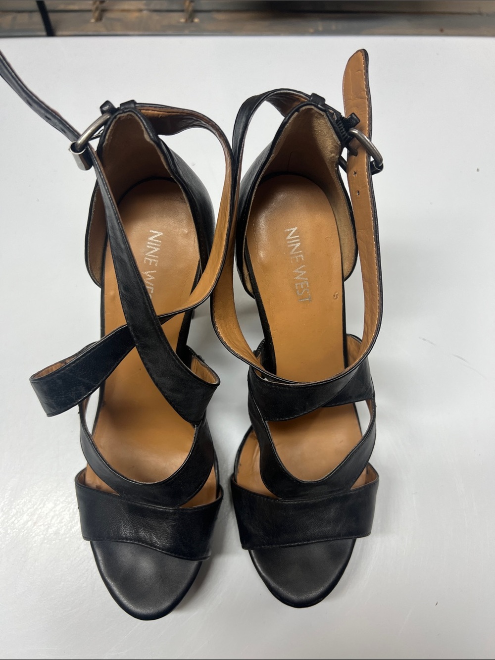 Nine West Black Leather Crisscross Ankle Strap Heels